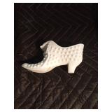 Milk glass Fenton shoe, gold tone candle holder and Pilgrim hand blown glass