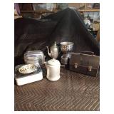 Vintage toaster, pewter teapot, thermos, metal lunch box, and more