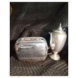 Vintage toaster, pewter teapot, thermos, metal lunch box, and more