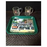 Coca-Cola tray and A&W mugs