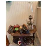 Half moon table with vintage items...