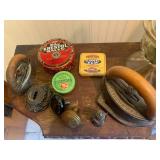 Half moon table with vintage items...