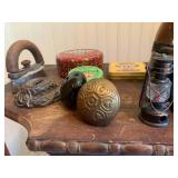 Half moon table with vintage items...