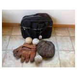 Catchers glove and mitt, balls...