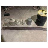 Vintage glass jars, saw and metal o...