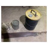 Vintage glass jars, saw and metal o...