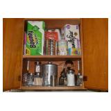 Metal tea pot, canisters, glass ite...
