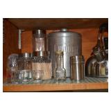 Metal tea pot, canisters, glass ite...