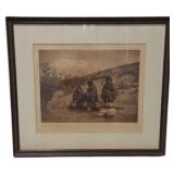 Framed Sepia Native American Print Gossiping San Juan Wall Art Approx. 24x22
