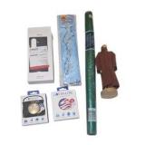 Mixed Accessory Lot: Lotta-Lite Lights, Gift Wrap, Holiday Necklace, Samsung Fold Case & Wood Mannequin