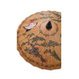 Asian Style Paper Parasol Umbrella Crane and Tree Design Wood Handle