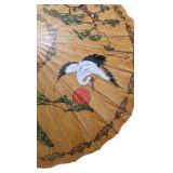 Asian Style Paper Parasol Umbrella Crane and Tree Design Wood Handle