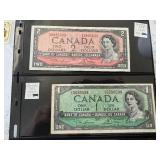 1954 Canada $1 and $2 Dollar Bills