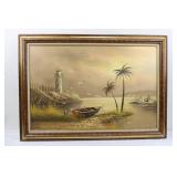 Framed Coastal Lighthouse Painting Signed Batae 42 X 29 in