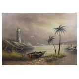 Framed Coastal Lighthouse Painting Signed Batae 42 X 29 in