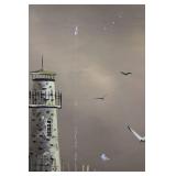 Framed Coastal Lighthouse Painting Signed Batae 42 X 29 in