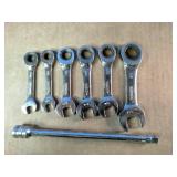 Snap On 3/8" Extension and Huskey SAE chrome-plated stubby ratcheting combination wrenches, often used for working in tight spaces.