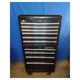 Craftsman black steel rolling tool cabinet and Husky Upper Cabinet full of tools