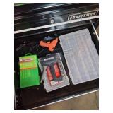 Craftsman black steel rolling tool cabinet and Husky Upper Cabinet full of tools