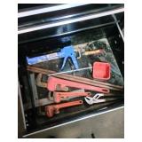 Craftsman black steel rolling tool cabinet and Husky Upper Cabinet full of tools