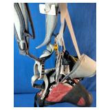CAMP USA Flint Climbing Harness featuring EVA padding and auto-locking buckles, These are Adidas Five Ten Coyote climbing shoes with Stealth C4 rubber soles, and This is a ClimbX Fiend climbing chalk 