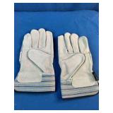These are striped leather palm work gloves with extended safety cuffs. Three Pairs