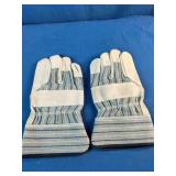 These are striped leather palm work gloves with extended safety cuffs. Three Pairs