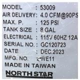 ^ NorthStar Portable Quiet Electric Air Compressor, 1.5 HP, 8-Gallon, 4 CFM @ 90 PSI #53009 Msrp $444.99