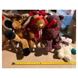 Rustic Birch Twig Bench w/ 3 Christmas Plush Reindeer Moose Bear Decor