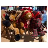 Rustic Birch Twig Bench w/ 3 Christmas Plush Reindeer Moose Bear Decor