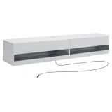 Floating TV Stand with LED Lights for TVs up to 80 inch, High Glossy Floating Entertainment Center, Modern Wall Mounted TV Shelf, Floating TV Stand Cabinet Living Room (White with AC Outlet)