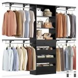 8FT Closet Organizer with 4 Wooden Drawers, Wood Closet Organizer System with Tower, Walk-in Closet Organizer Wardrobe Clothes Rack with 4 Hanging Rods, Garment Rack, Black