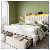 Queen/full Bed Frame with Storage Drawers & Bookcase Shelf - Tan