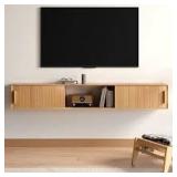 Wall-mounted floating TV stand and media console featuring a fluted/ribbed wood finish