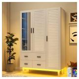 3 Door Armoire Wardrobe Closet Cabinet with Drawers and LED Lights, Multi-Tier Shelves, Hanging Rod & 3 Louver Doors, Large Capacity Storage Wardrobe Armoire for Bedroom, White