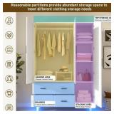3 Door Armoire Wardrobe Closet Cabinet with Drawers and LED Lights, Multi-Tier Shelves, Hanging Rod & 3 Louver Doors, Large Capacity Storage Wardrobe Armoire for Bedroom, White
