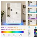 3 Door Armoire Wardrobe Closet Cabinet with Drawers and LED Lights, Multi-Tier Shelves, Hanging Rod & 3 Louver Doors, Large Capacity Storage Wardrobe Armoire for Bedroom, White