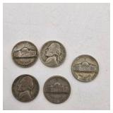 5 Silver War Nickels. Total coin weight: 25 grams– 1940s Jefferson Nickels – 35% Silver WWII Era Coin Lot