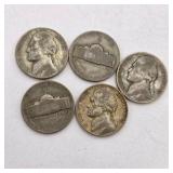 5 Silver War Nickels. Total coin weight: 25 grams– 1940s Jefferson Nickels – 35% Silver WWII Era Coin Lot