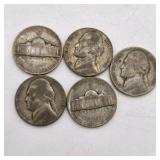 5 Silver War Nickels. Total coin weight: 25 grams– 1940s Jefferson Nickels – 35% Silver WWII Era Coin Lot