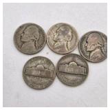 5 Silver War Nickels. Total coin weight: 25 grams– 1940s Jefferson Nickels – 35% Silver WWII Era Coin Lot