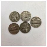 5 Silver War Nickels. Total coin weight: 25 grams– 1940s Jefferson Nickels – 35% Silver WWII Era Coin Lot