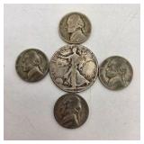 90% Silver Walking Liberty Half Dollar + 4 Silver War Nickels – Old U.S. Silver Coin Lot