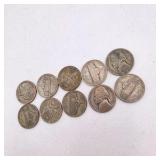 10 WWII Jefferson War Nickels – 35% Silver – Mixed 1943-1945 P/D/S Lot – Approx. 0.563 Troy Oz Silver