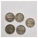 5 Silver War Nickels. Total coin weight: 25 grams– 1940s Jefferson Nickels – 35% Silver WWII Era Coin Lot