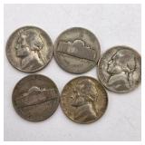 5 Silver War Nickels. Total coin weight: 25 grams– 1940s Jefferson Nickels – 35% Silver WWII Era Coin Lot