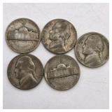 5 Silver War Nickels. Total coin weight: 25 grams– 1940s Jefferson Nickels – 35% Silver WWII Era Coin Lot