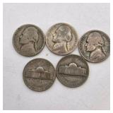 5 Silver War Nickels. Total coin weight: 25 grams– 1940s Jefferson Nickels – 35% Silver WWII Era Coin Lot