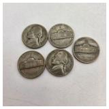 5 Silver War Nickels. Total coin weight: 25 grams– 1940s Jefferson Nickels – 35% Silver WWII Era Coin Lot