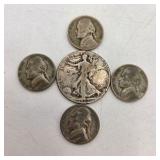 90% Silver Walking Liberty Half Dollar + 4 Silver War Nickels – Old U.S. Silver Coin Lot